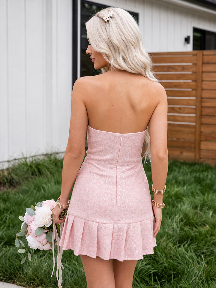 Sequin A Line Strapless Bow Ruched Homecoming Dresses