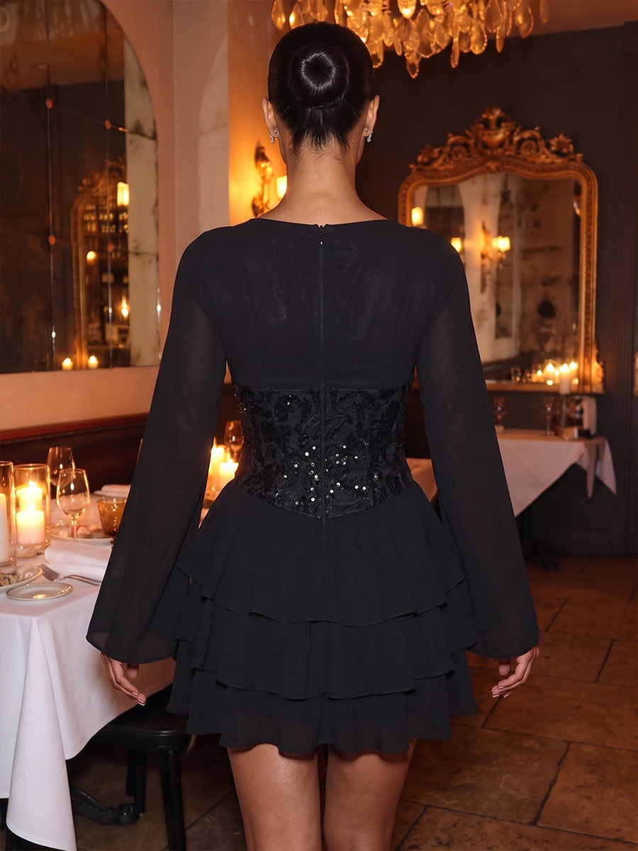 Chiffon A Line V Neck Lace Appliques Tiered Homecoming Dresses