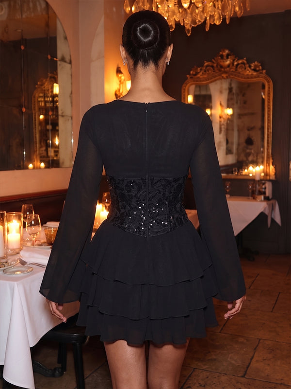 Chiffon A Line V Neck Lace Appliques Tiered Homecoming Dresses