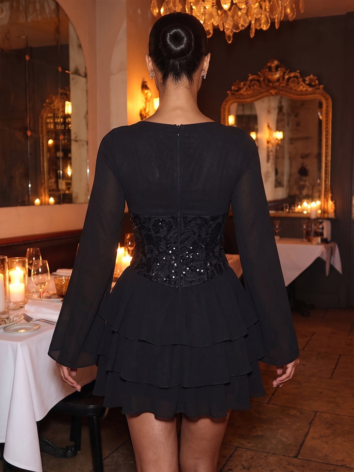 Chiffon A Line V Neck Lace Appliques Tiered Homecoming Dresses