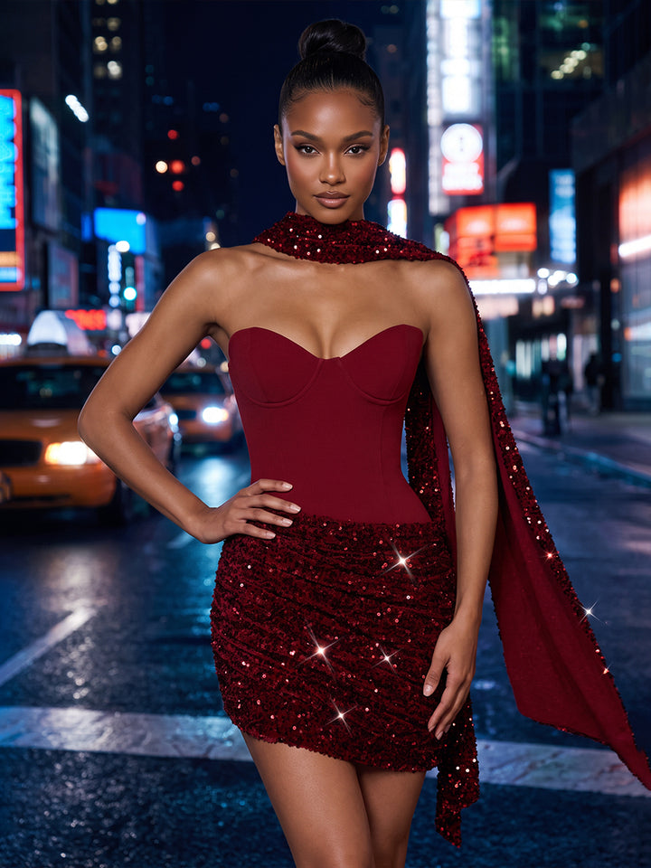 Sequin Bodycon Strapless Scarf Ruched Homecoming Dresses