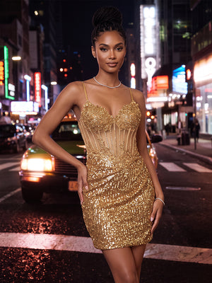 Sequin Bodycon Spaghetti Straps Corset Ruched Homecoming Dresses