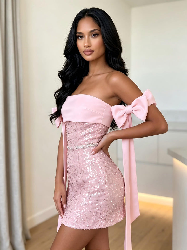 Sequin Bodycon Strapless Bow Sash Homecoming Dresses