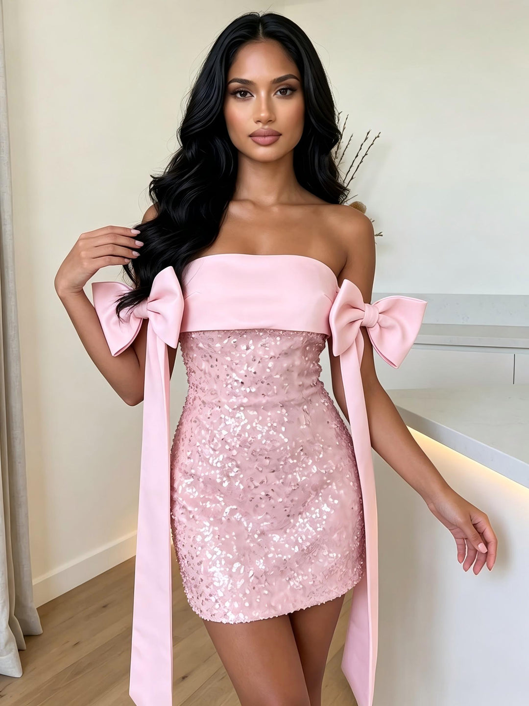 Sequin Bodycon Strapless Bow Sash Homecoming Dresses