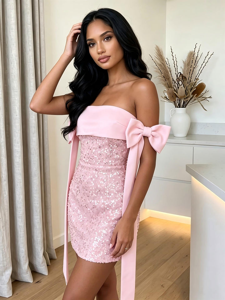 Sequin Bodycon Strapless Bow Sash Homecoming Dresses
