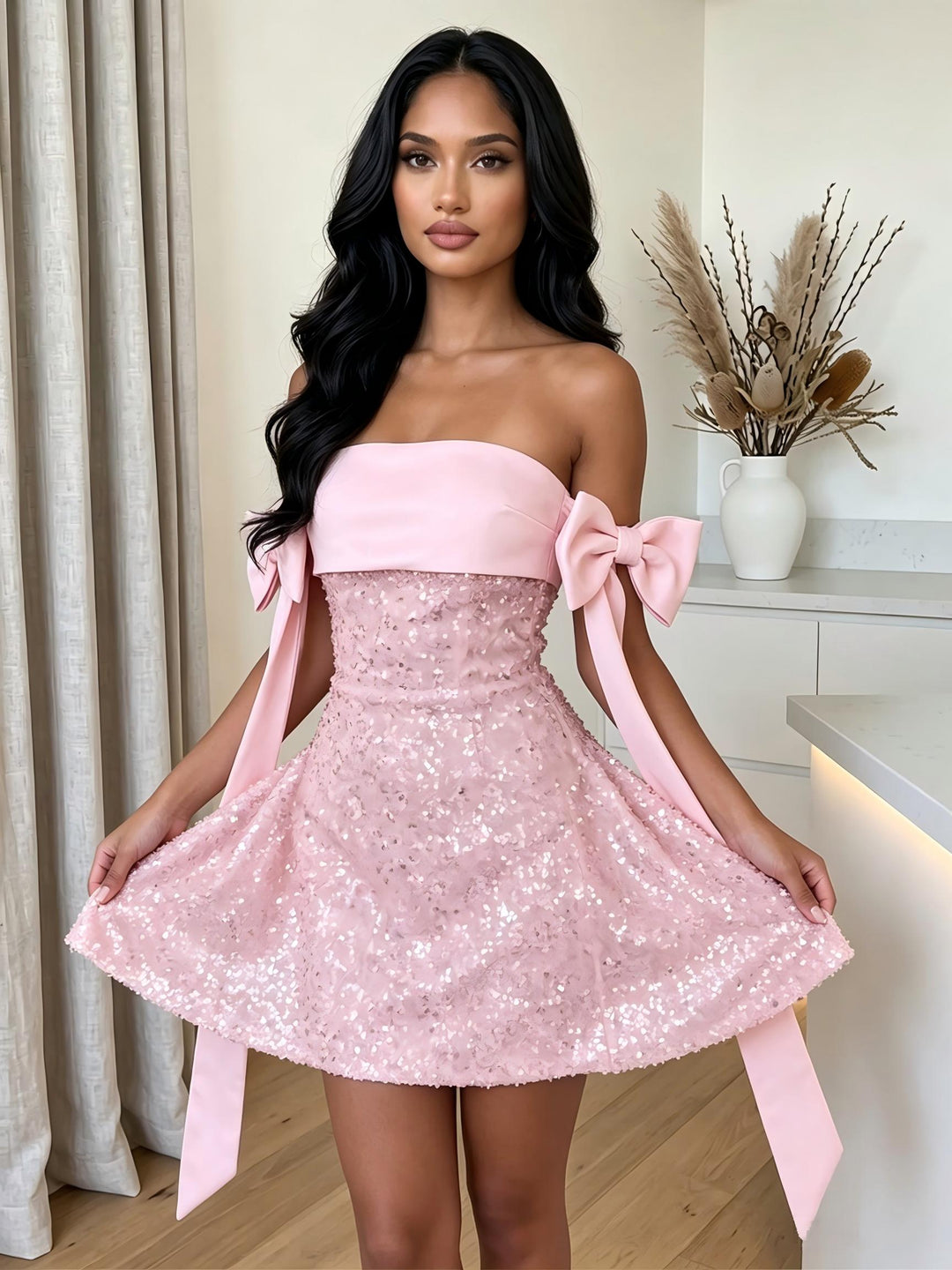 Sequin Bodycon Strapless Bow Sash Homecoming Dresses