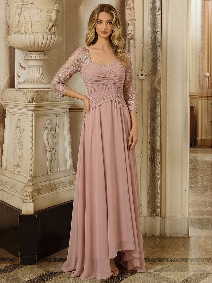 A Line 3/4 Sleeves Lace Ruched High Low Chiffon Mother of the Bride Dresses
