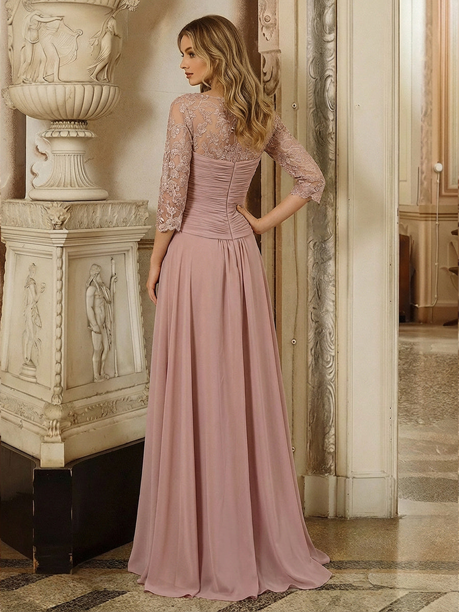 A Line 3/4 Sleeves Lace Ruched High Low Chiffon Mother of the Bride Dresses