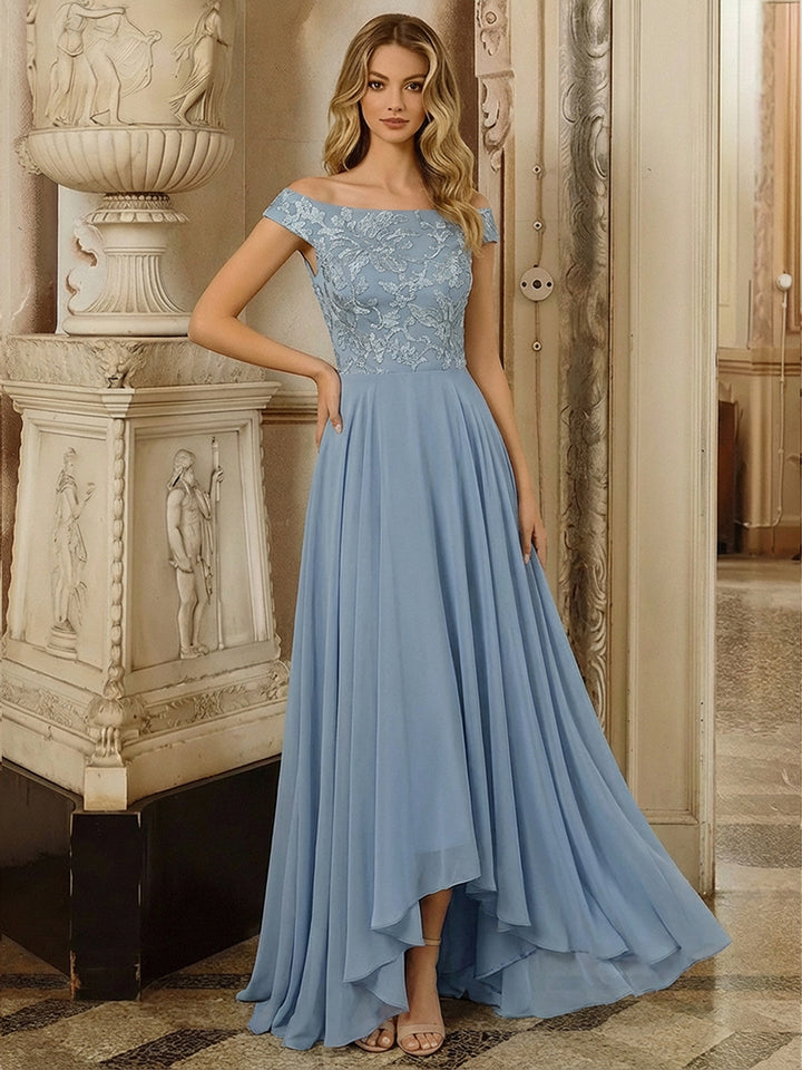 A Line Off the Shoulder High Low Mother of the Bride Dresses with Floral Embroidery