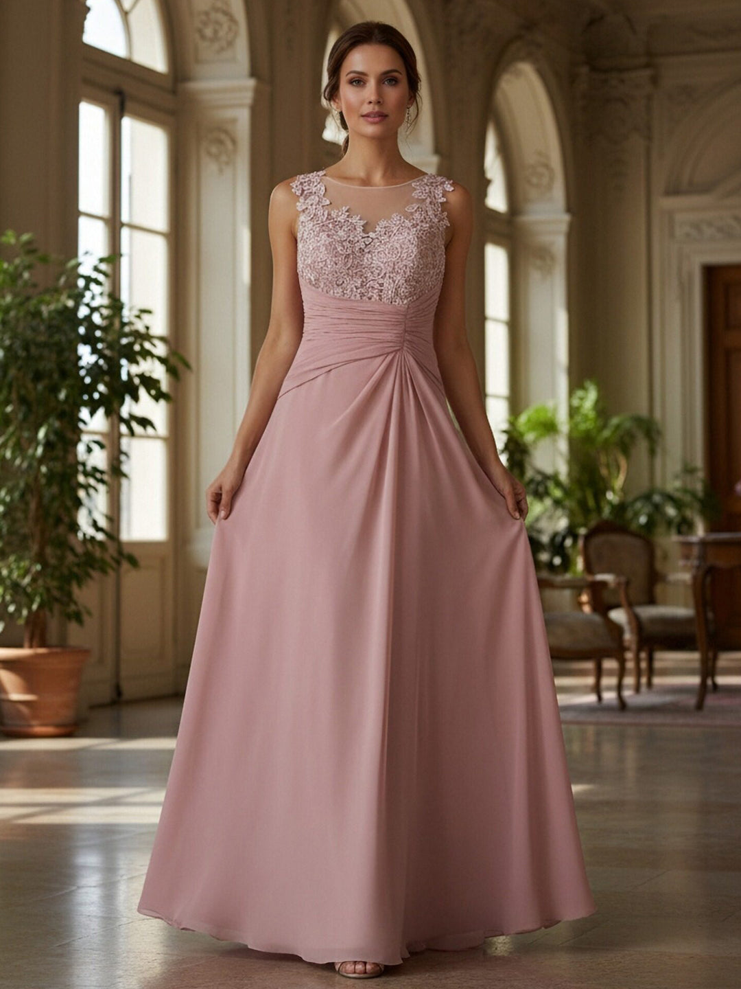 Lace Applique Crew Neck Sleeveless A Line Mother of the Bride Dresses