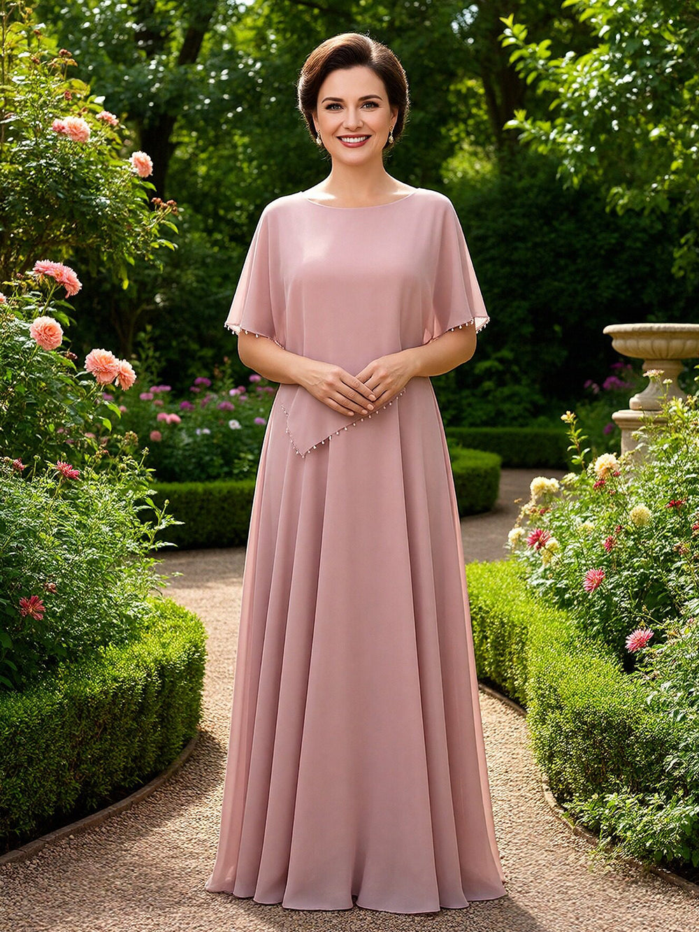 Crew Neck Short Sleeves Mother of the Bride Dresses with Beads