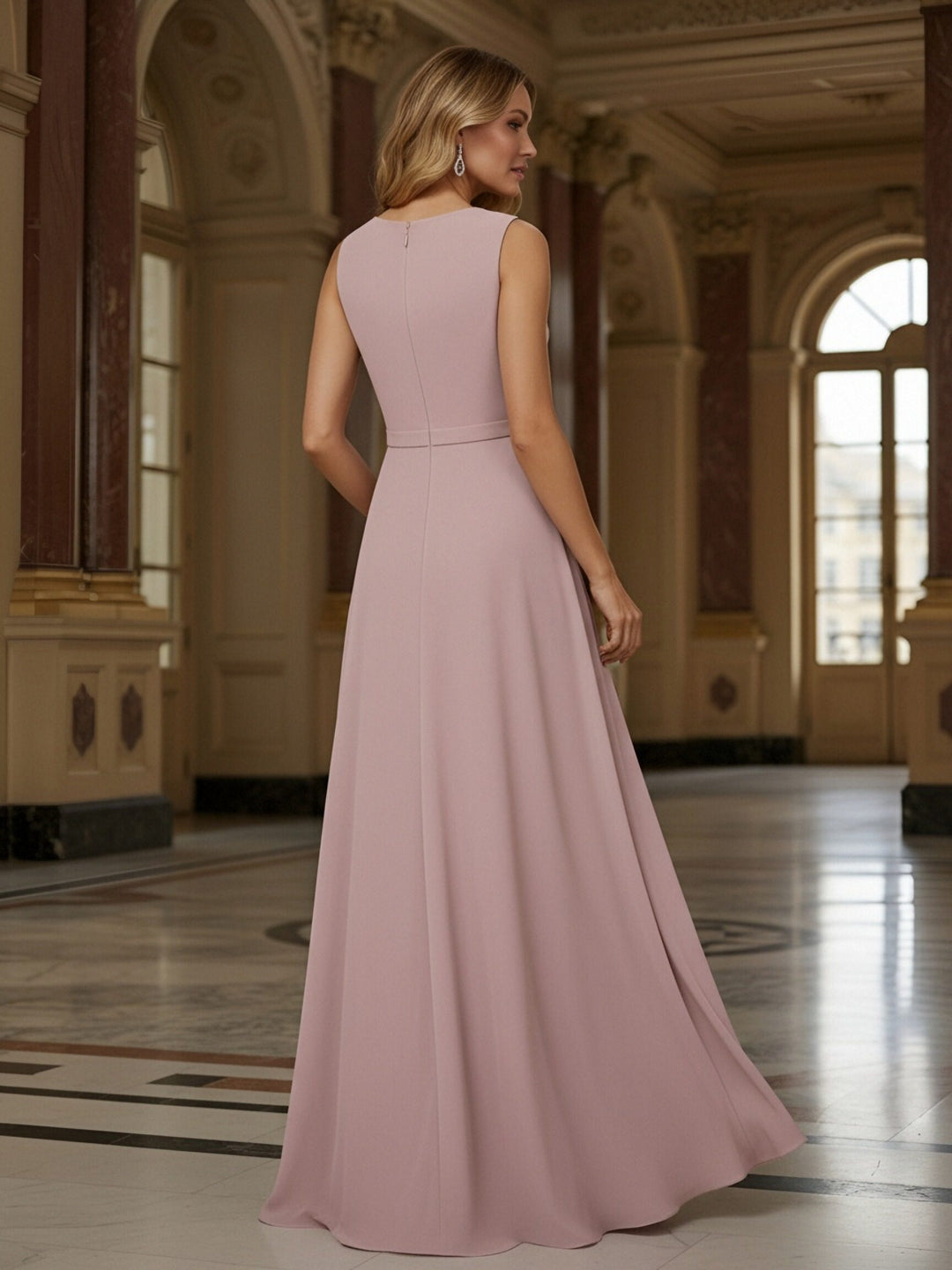 Crew Neck Ruffles Sleeveless Mother of the Bride Dresses with Beadings