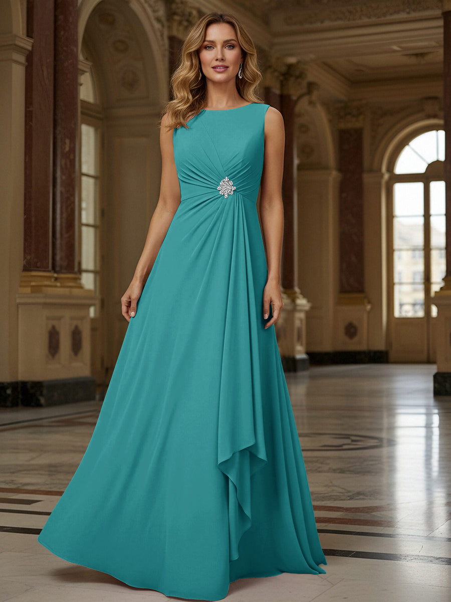 Crew Neck Ruffles Sleeveless Mother of the Bride Dresses with Beadings