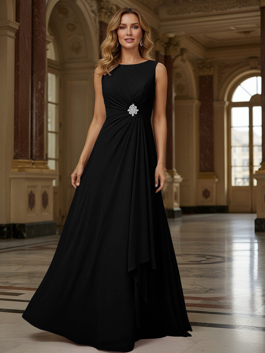 Crew Neck Ruffles Sleeveless Mother of the Bride Dresses with Beadings