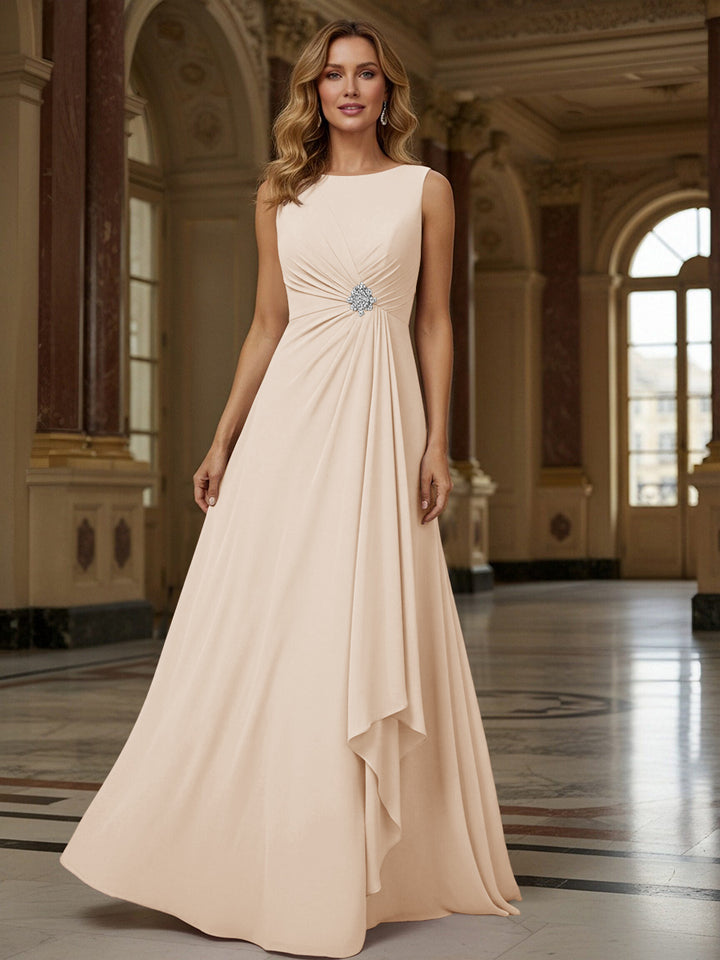 Crew Neck Ruffles Sleeveless Mother of the Bride Dresses with Beadings