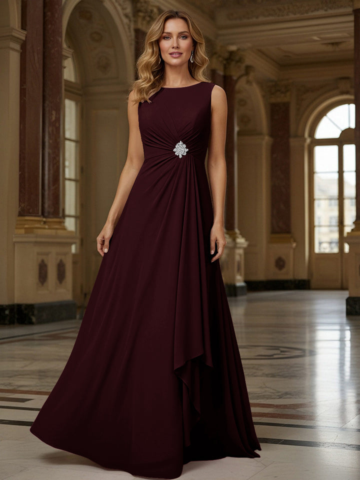 Crew Neck Ruffles Sleeveless Mother of the Bride Dresses with Beadings