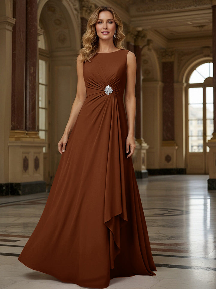 Crew Neck Ruffles Sleeveless Mother of the Bride Dresses with Beadings