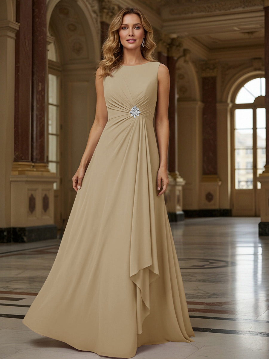 Crew Neck Ruffles Sleeveless Mother of the Bride Dresses with Beadings