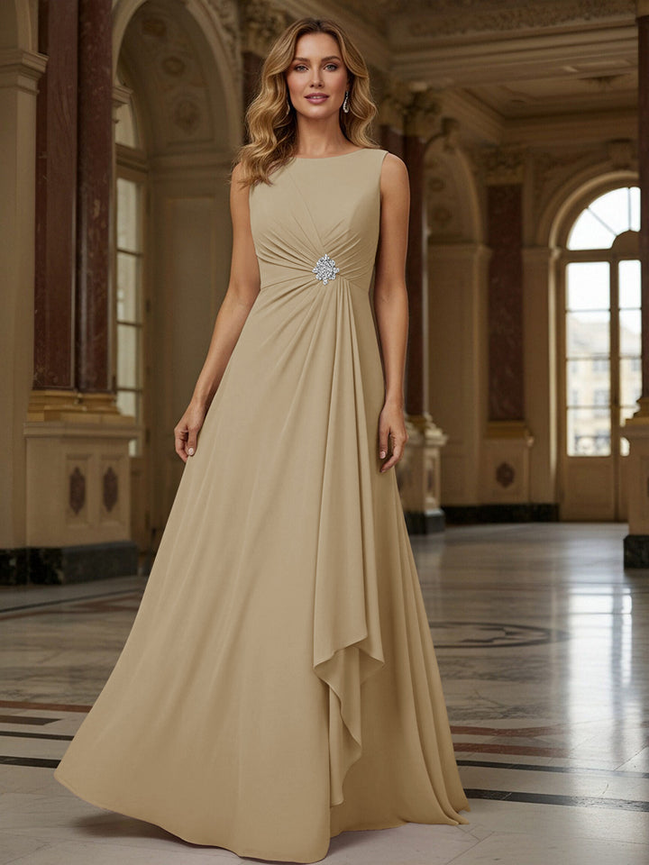 Crew Neck Ruffles Sleeveless Mother of the Bride Dresses with Beadings