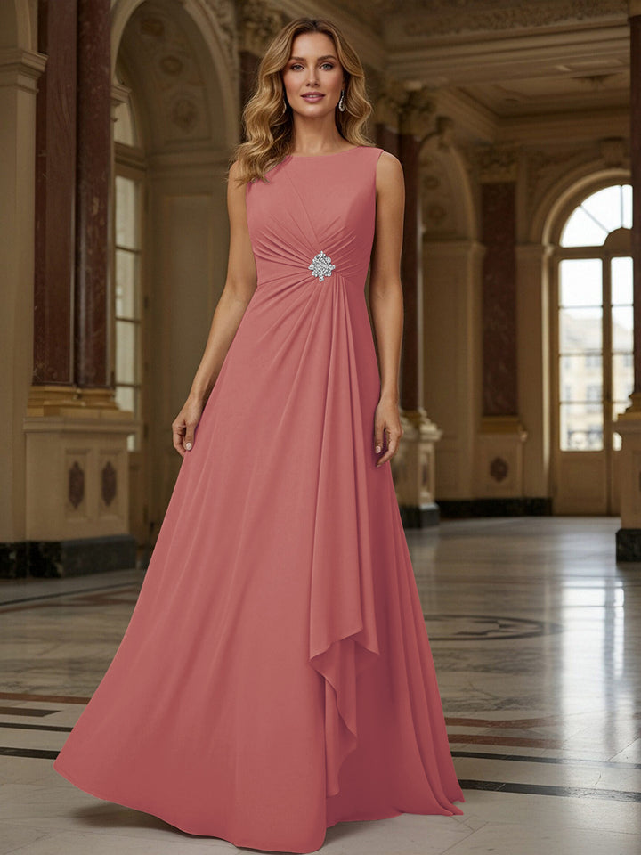 Crew Neck Ruffles Sleeveless Mother of the Bride Dresses with Beadings