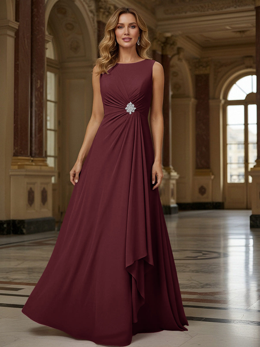 Crew Neck Ruffles Sleeveless Mother of the Bride Dresses with Beadings