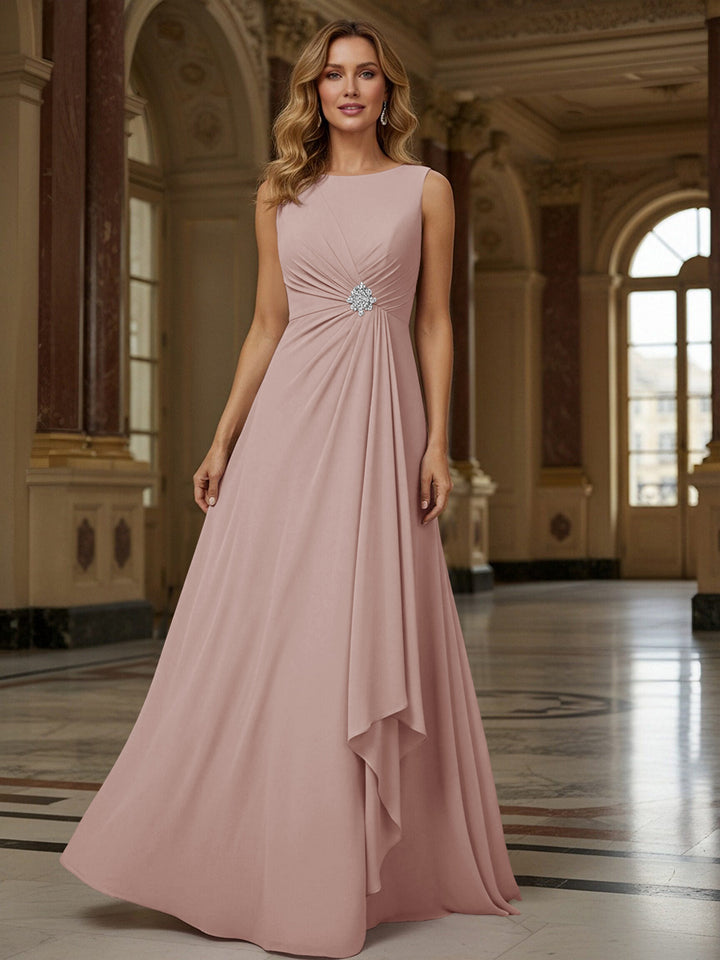 Crew Neck Ruffles Sleeveless Mother of the Bride Dresses with Beadings