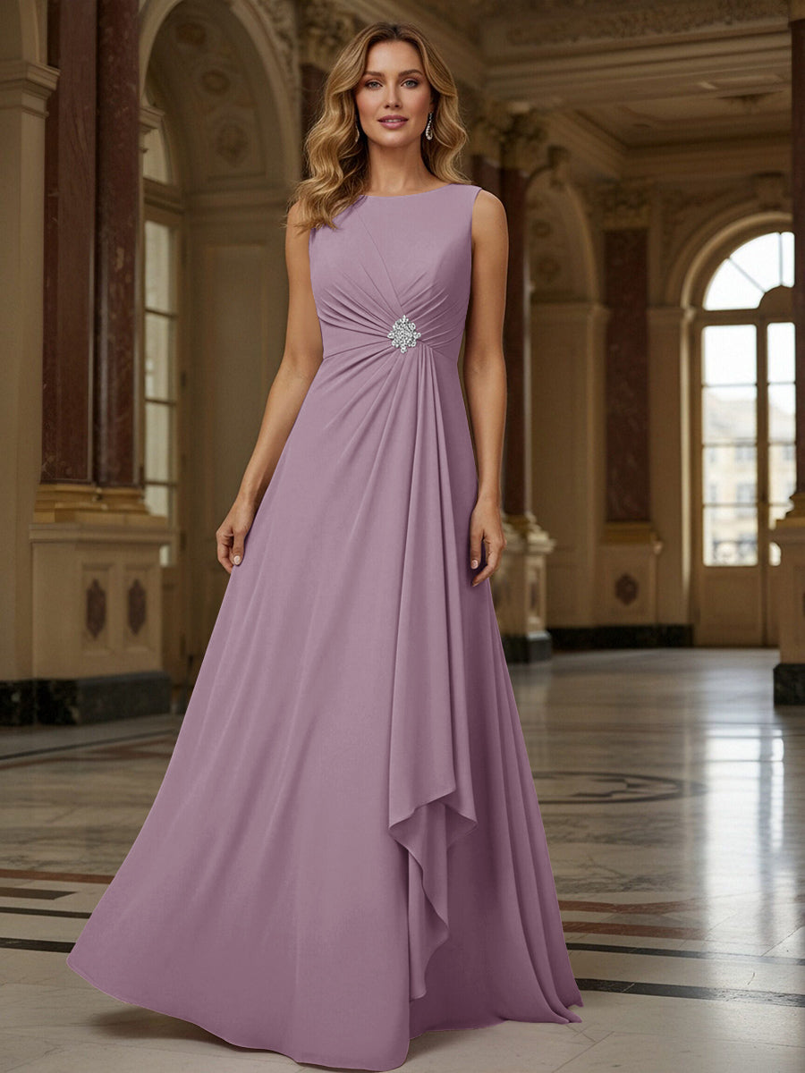 Crew Neck Ruffles Sleeveless Mother of the Bride Dresses with Beadings