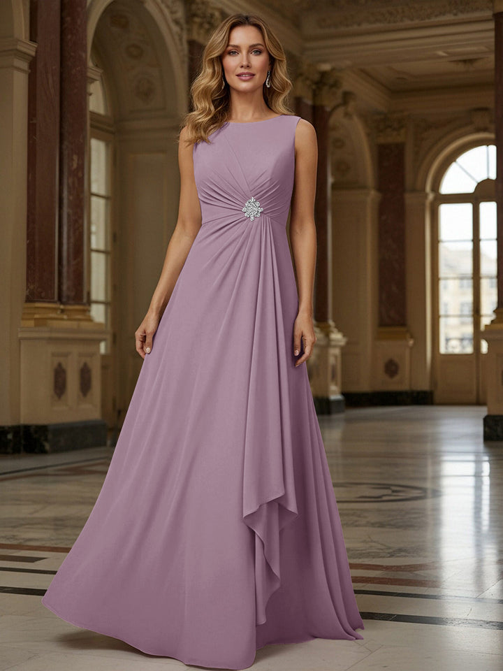 Crew Neck Ruffles Sleeveless Mother of the Bride Dresses with Beadings