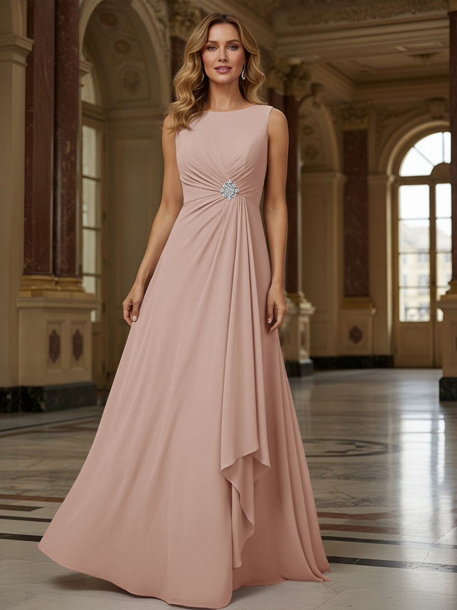 Crew Neck Ruffles Sleeveless Mother of the Bride Dresses with Beadings