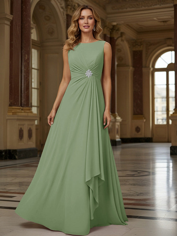 Crew Neck Ruffles Sleeveless Mother of the Bride Dresses with Beadings