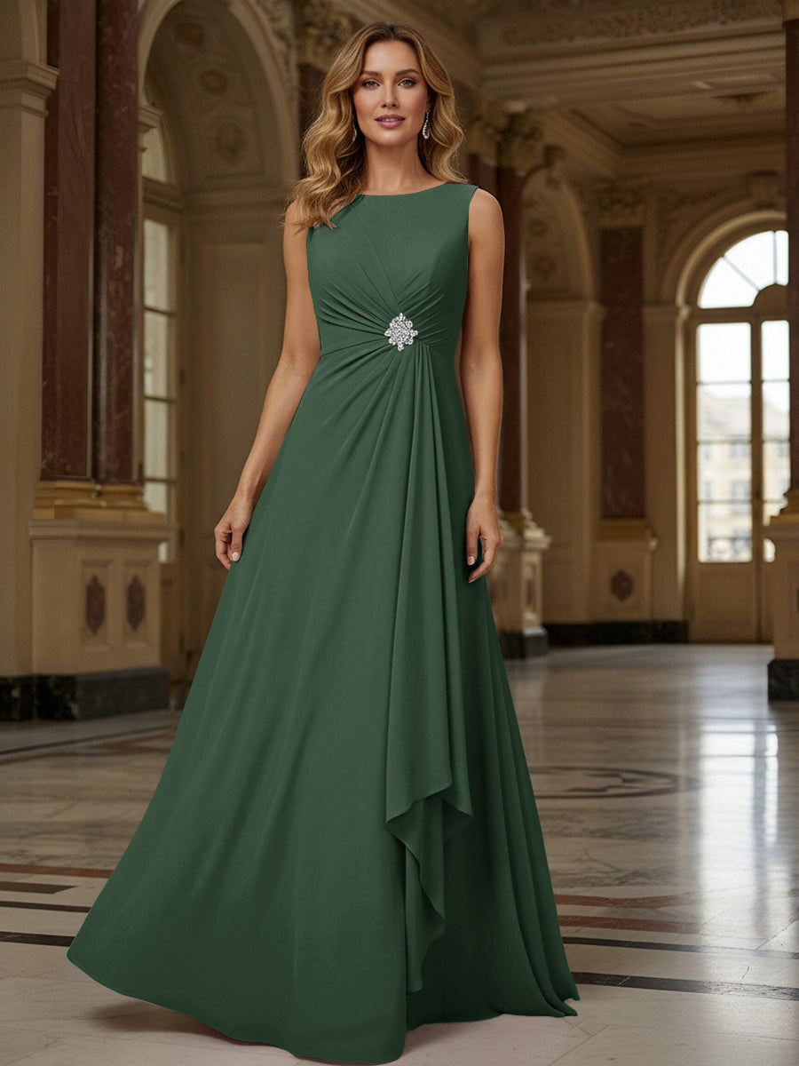 Crew Neck Ruffles Sleeveless Mother of the Bride Dresses with Beadings