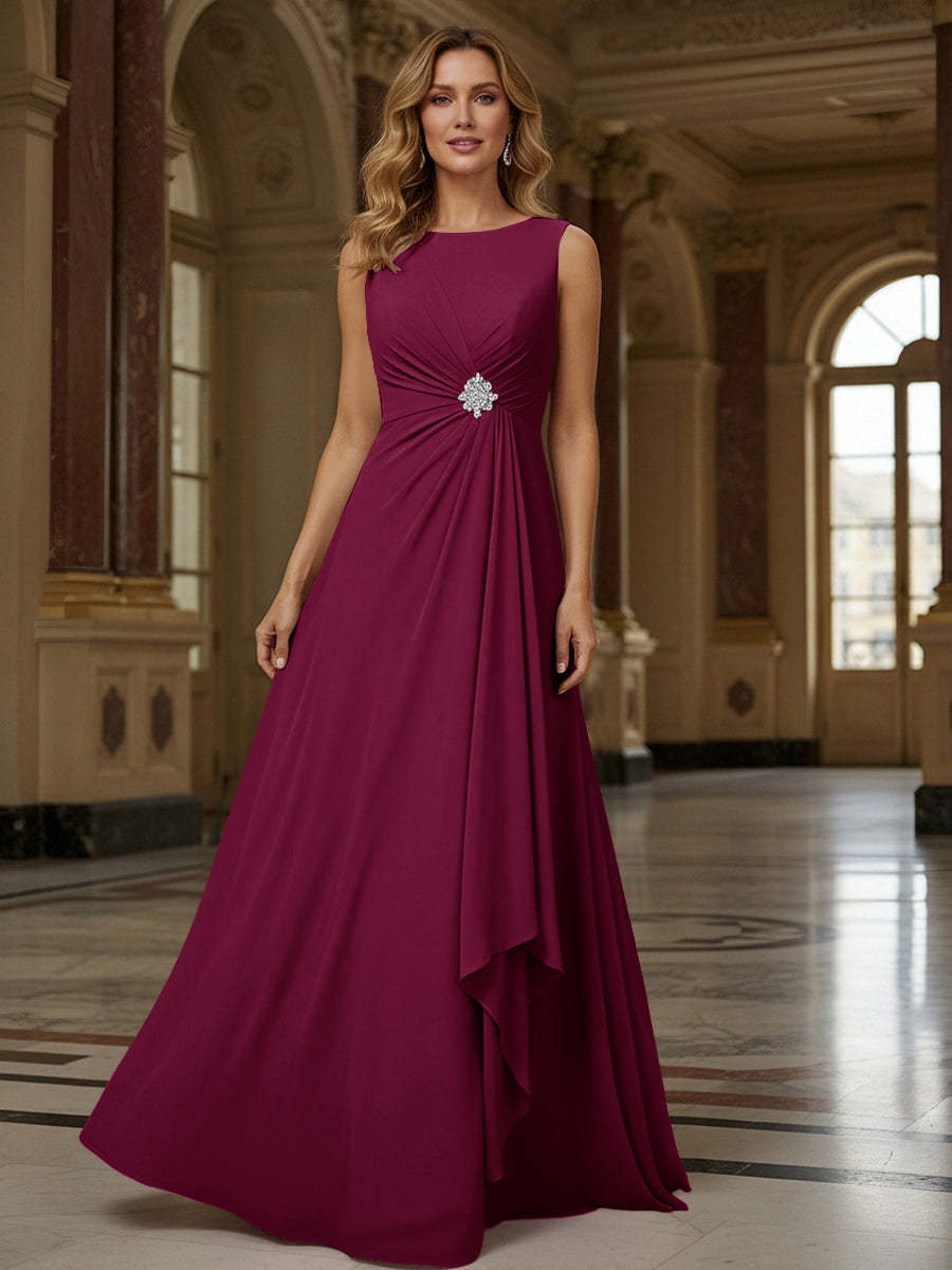 Crew Neck Ruffles Sleeveless Mother of the Bride Dresses with Beadings