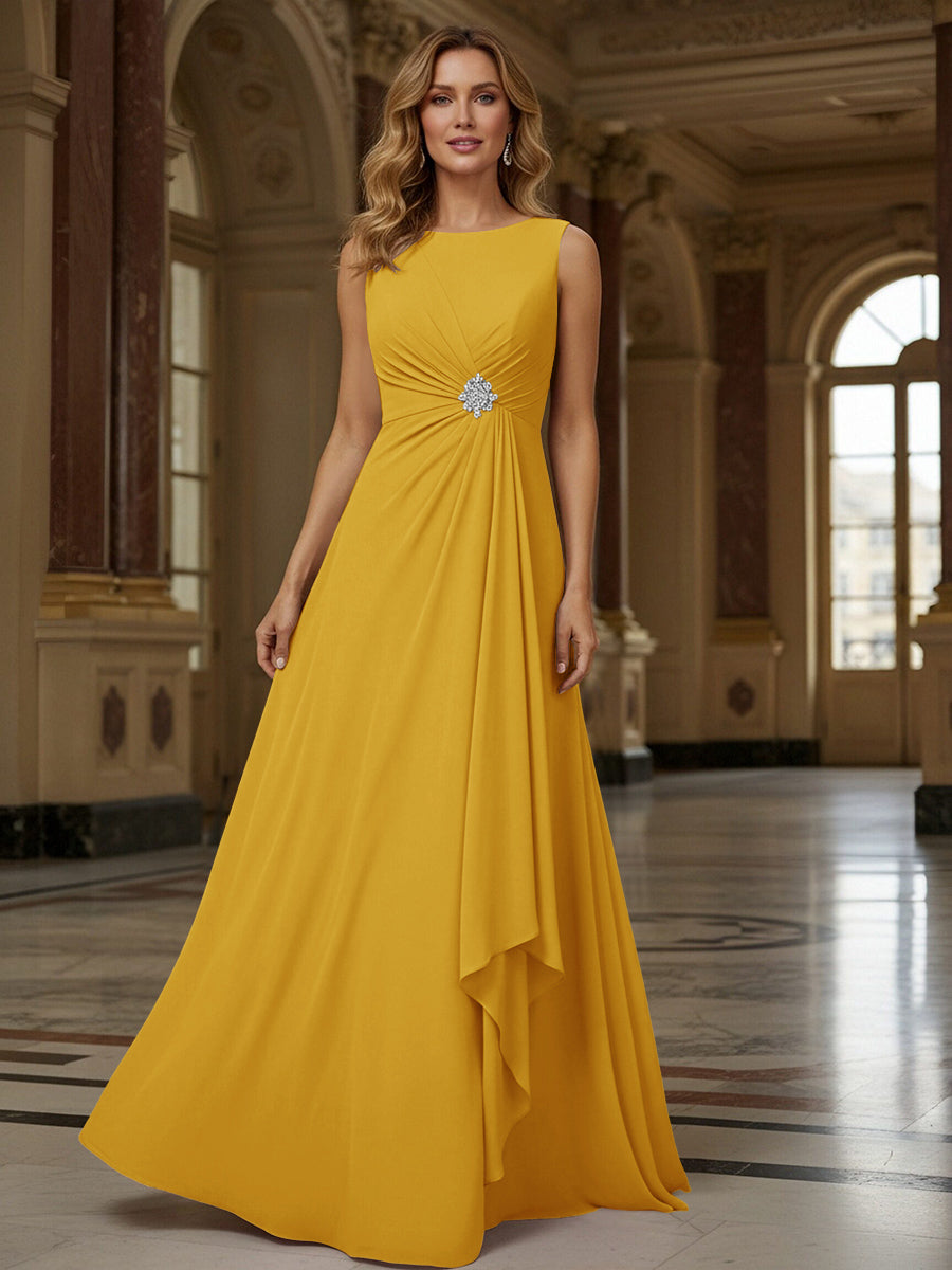 Crew Neck Ruffles Sleeveless Mother of the Bride Dresses with Beadings