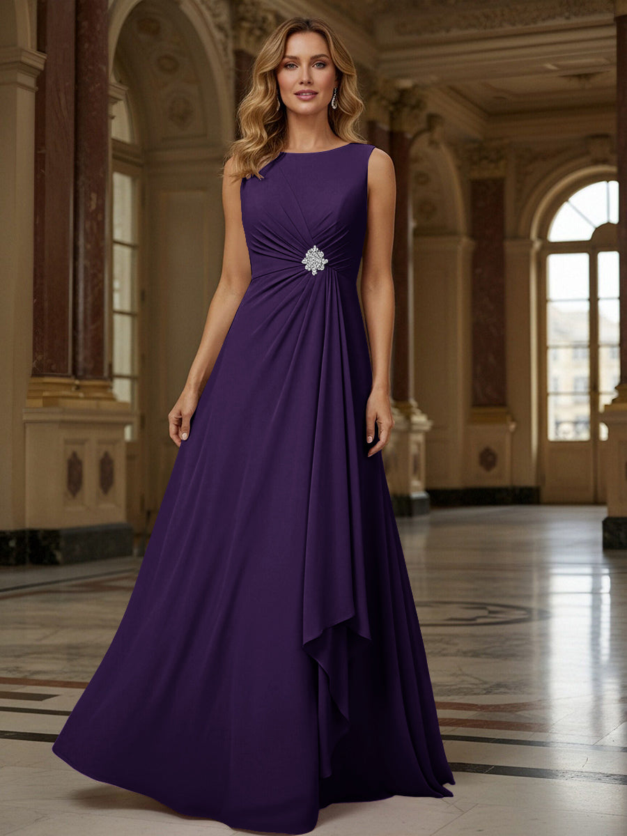 Crew Neck Ruffles Sleeveless Mother of the Bride Dresses with Beadings