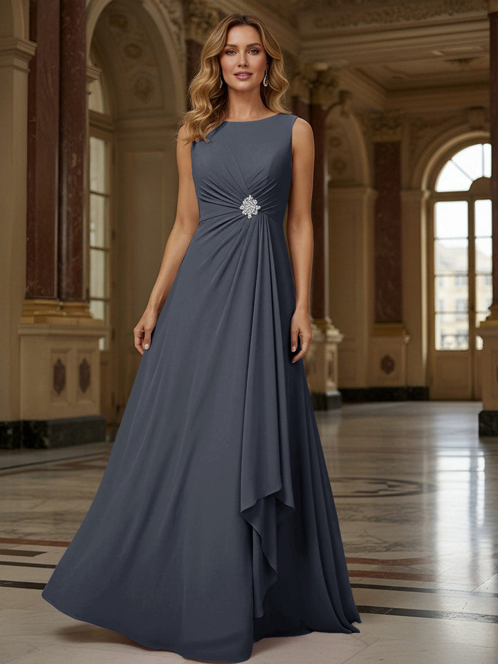 Crew Neck Ruffles Sleeveless Mother of the Bride Dresses with Beadings
