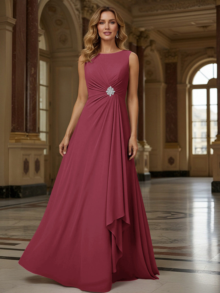 Crew Neck Ruffles Sleeveless Mother of the Bride Dresses with Beadings