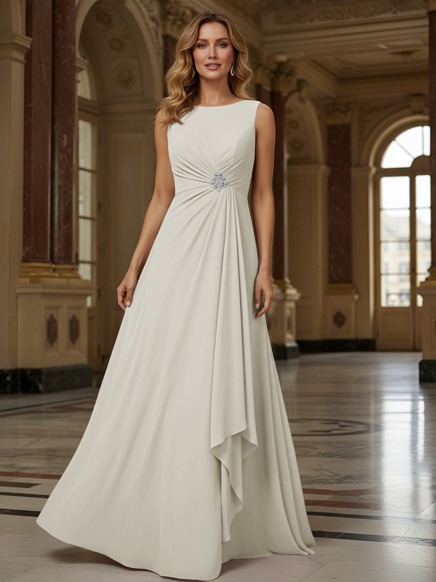 Crew Neck Ruffles Sleeveless Mother of the Bride Dresses with Beadings