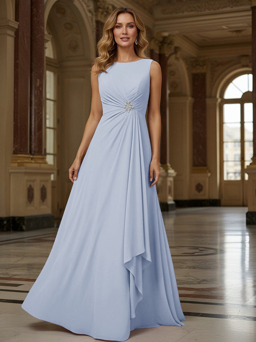 Crew Neck Ruffles Sleeveless Mother of the Bride Dresses with Beadings