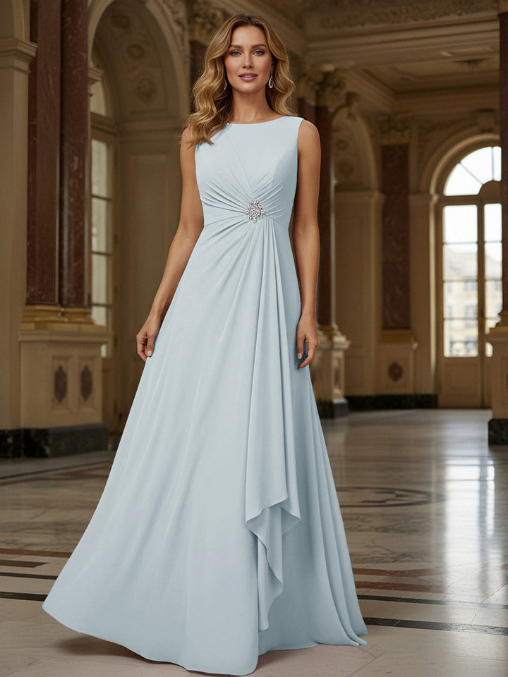 Crew Neck Ruffles Sleeveless Mother of the Bride Dresses with Beadings