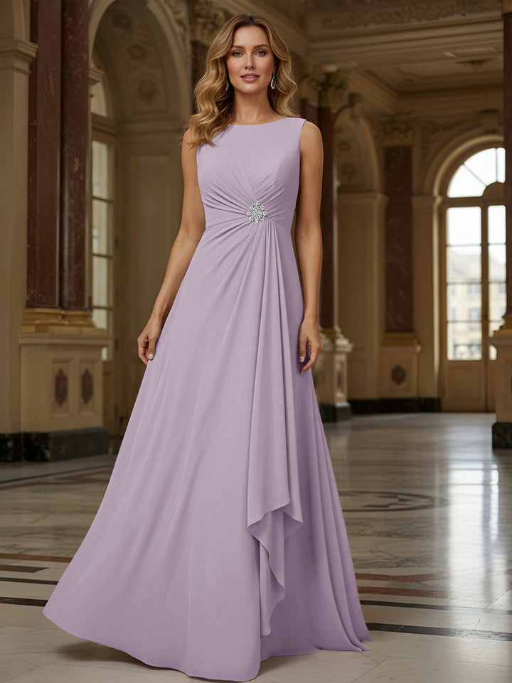 Crew Neck Ruffles Sleeveless Mother of the Bride Dresses with Beadings
