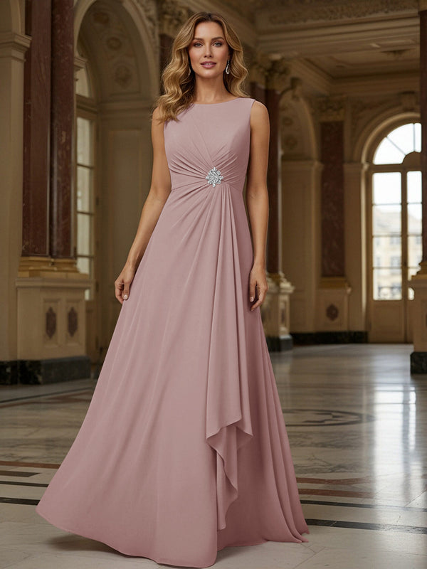 Crew Neck Ruffles Sleeveless Mother of the Bride Dresses with Beadings