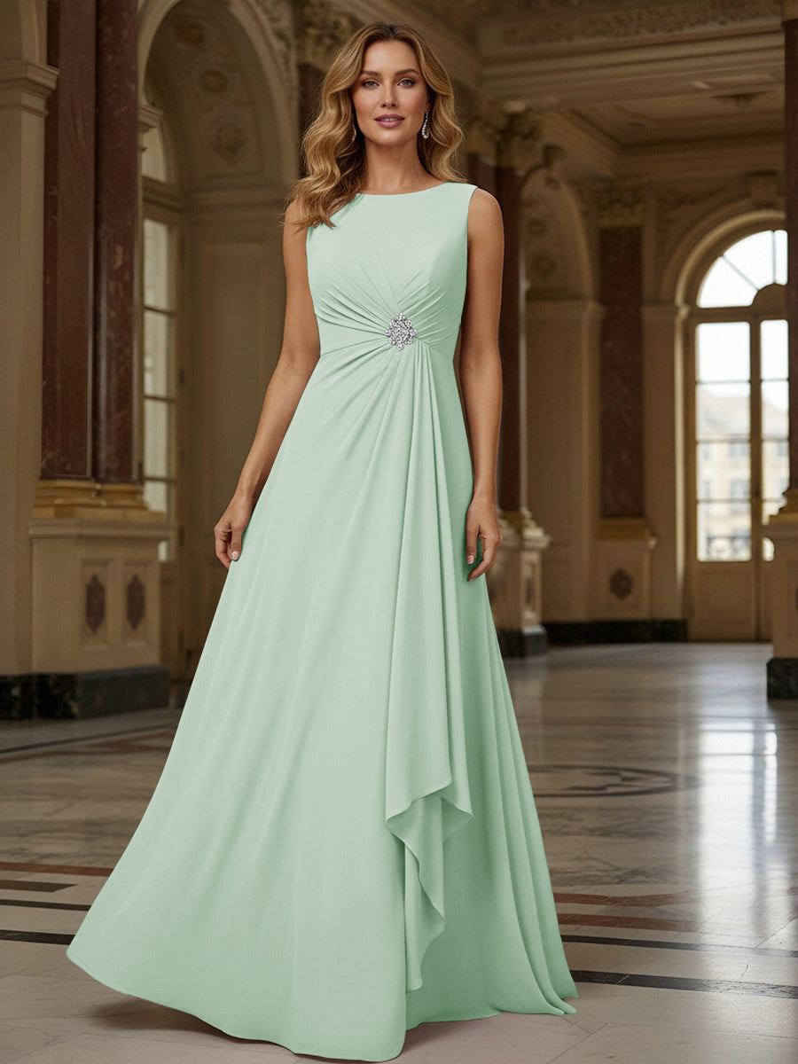 Crew Neck Ruffles Sleeveless Mother of the Bride Dresses with Beadings