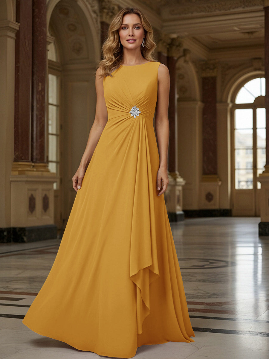 Crew Neck Ruffles Sleeveless Mother of the Bride Dresses with Beadings