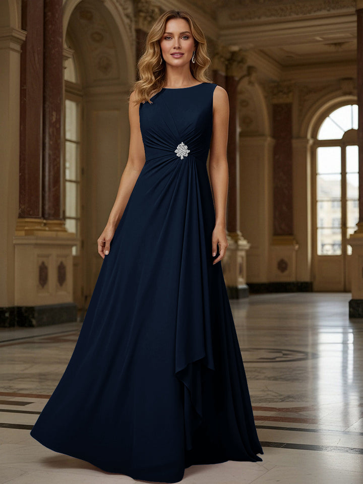 Crew Neck Ruffles Sleeveless Mother of the Bride Dresses with Beadings