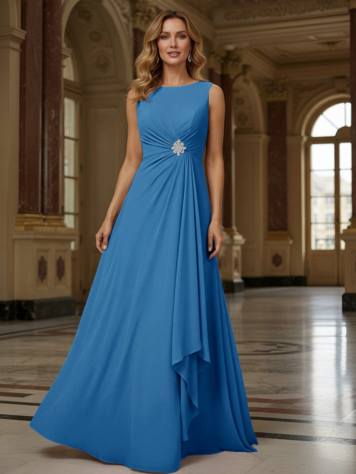 Crew Neck Ruffles Sleeveless Mother of the Bride Dresses with Beadings
