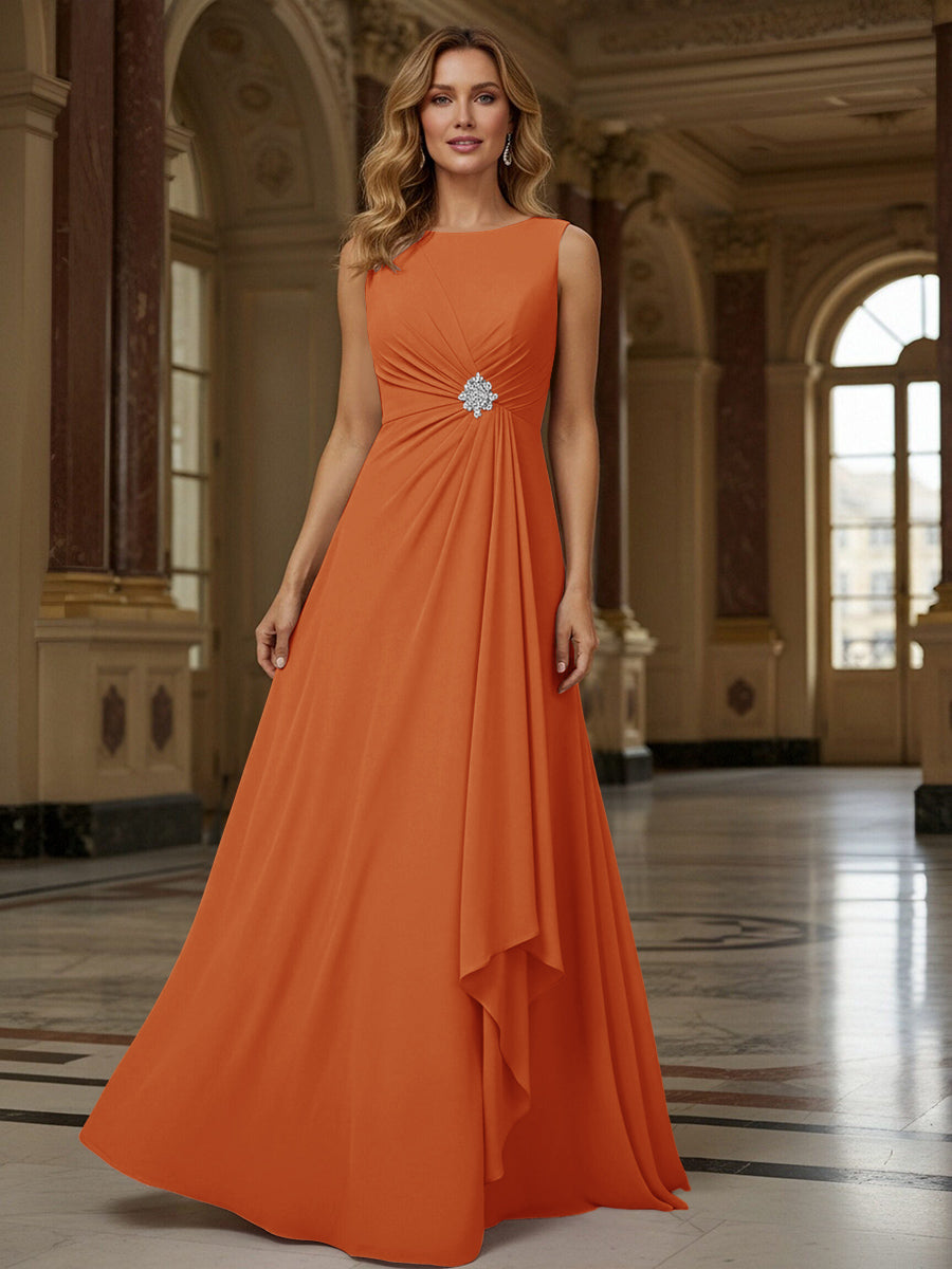 Crew Neck Ruffles Sleeveless Mother of the Bride Dresses with Beadings