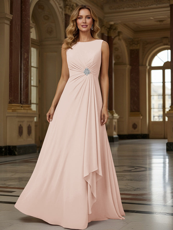 Crew Neck Ruffles Sleeveless Mother of the Bride Dresses with Beadings