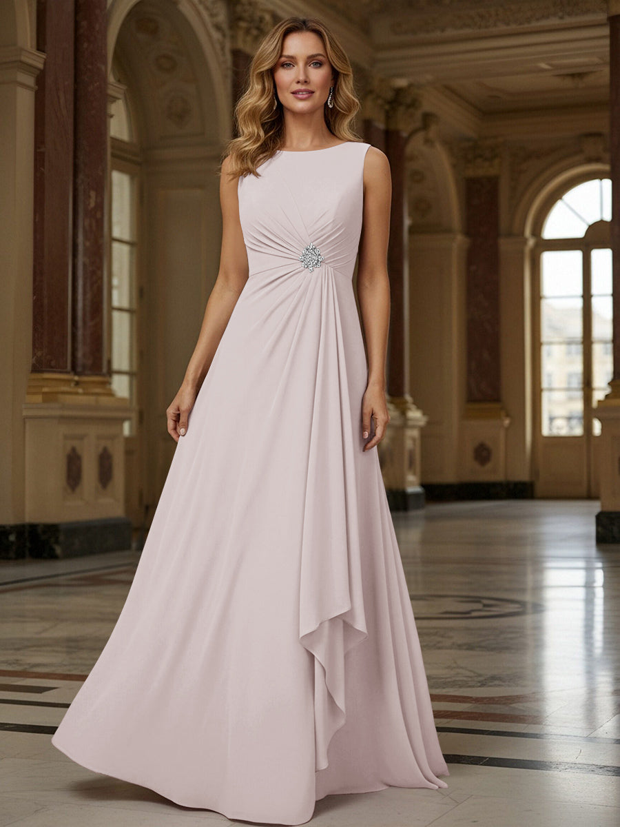 Crew Neck Ruffles Sleeveless Mother of the Bride Dresses with Beadings