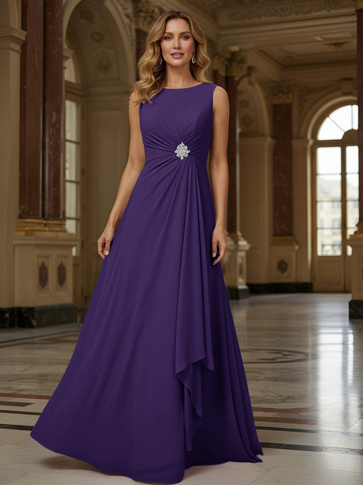 Crew Neck Ruffles Sleeveless Mother of the Bride Dresses with Beadings