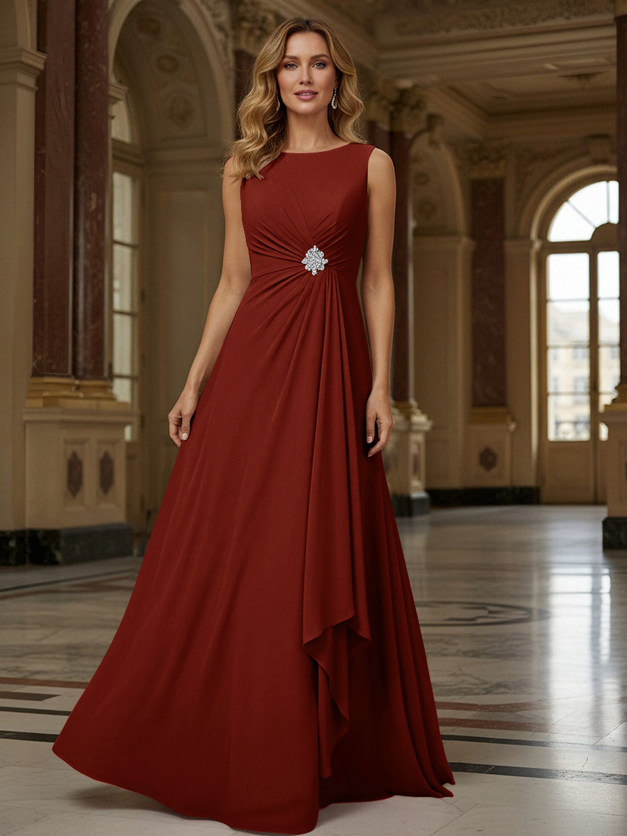 Crew Neck Ruffles Sleeveless Mother of the Bride Dresses with Beadings